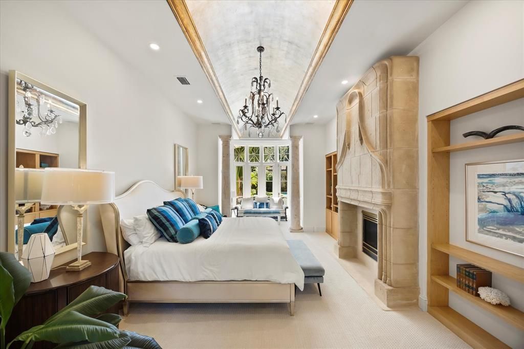 Bedroom, Chandelier, Fireplace, Interior, Recessed Lighting