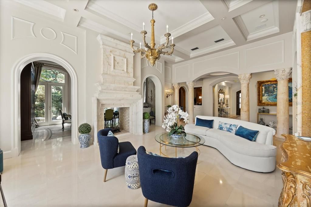 Chandelier, Fireplace, Interior, Living room, Recessed Lighting