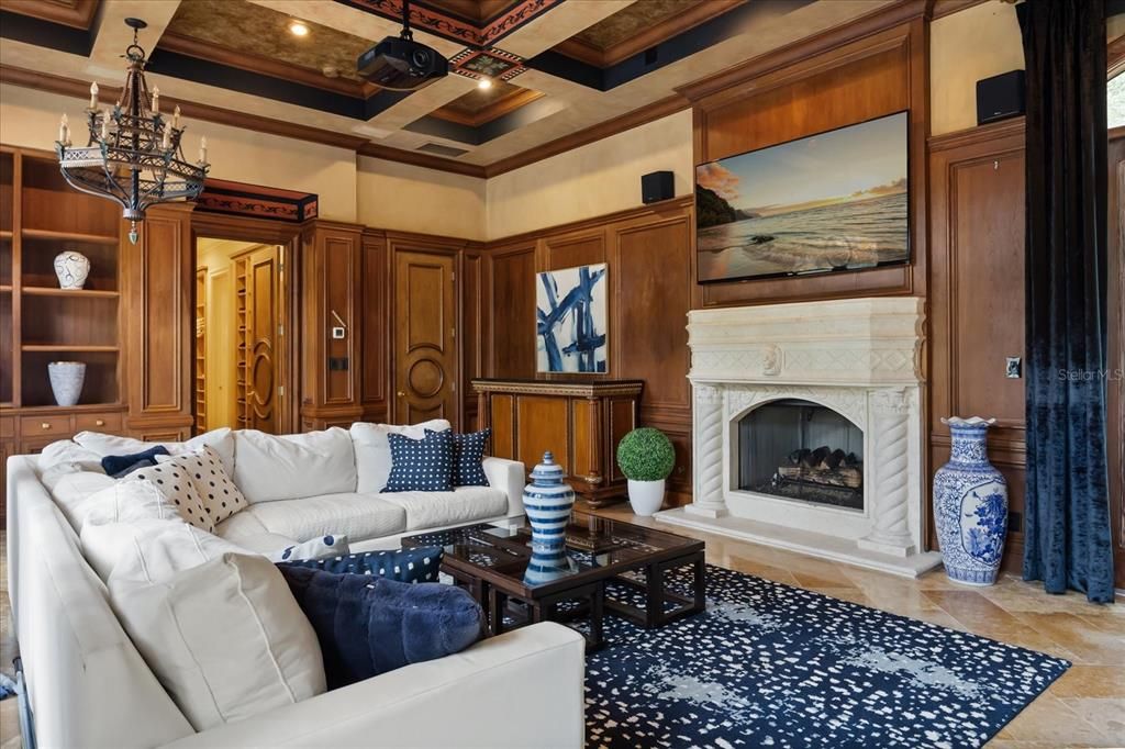 Chandelier, Fireplace, Interior, Living room, Recessed Lighting, Wooden Walls