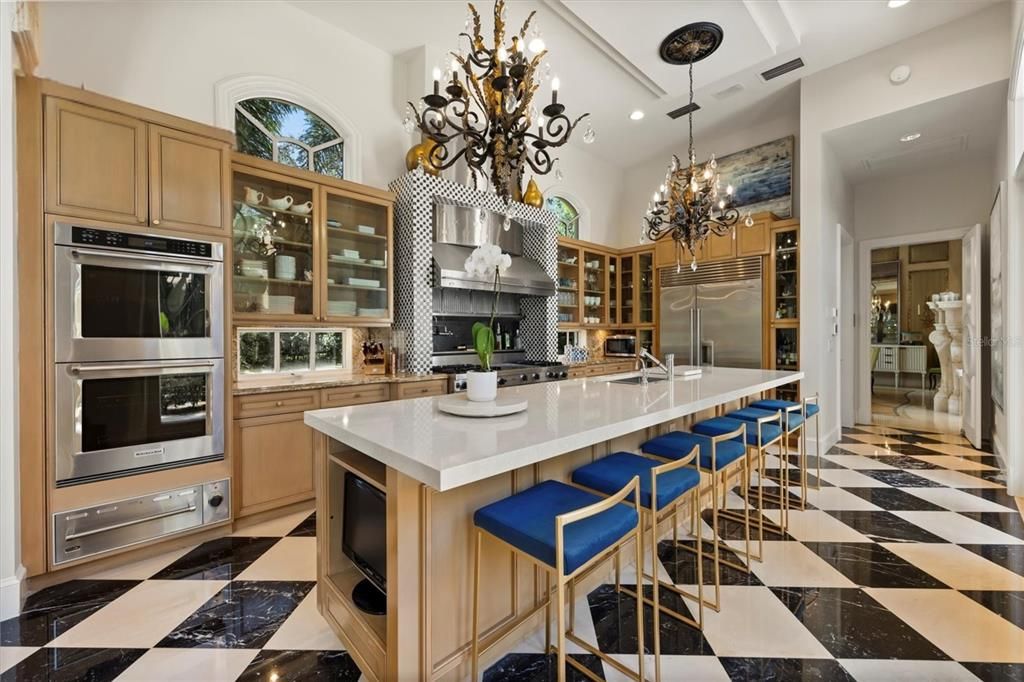 Chandelier, Interior, Kitchen, Marble, Recessed Lighting, Stainless Steel Appliances