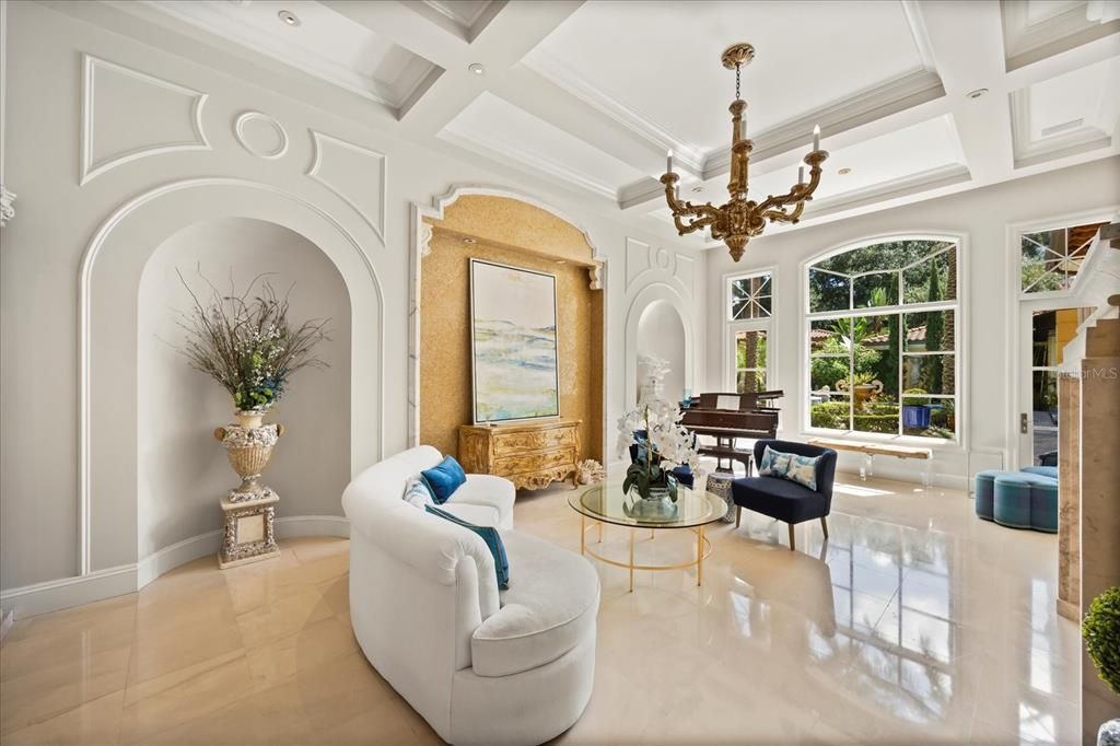 Chandelier, Interior, Living room, Piano, Recessed Lighting