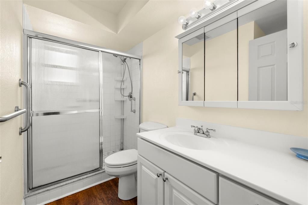 Bathroom, Glass Shower, Interior, Wood Texture Flooring