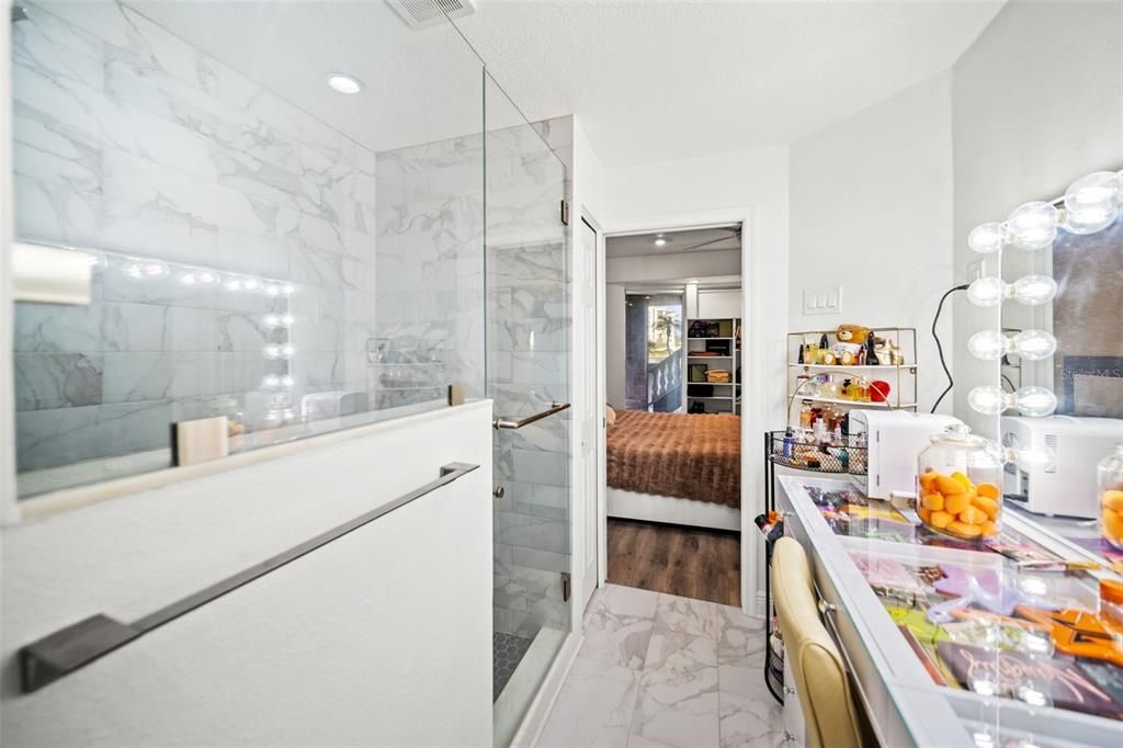 Bathroom, Glass Shower, Interior, Marble, Marble Walls, Recessed Lighting, Wood Texture Flooring