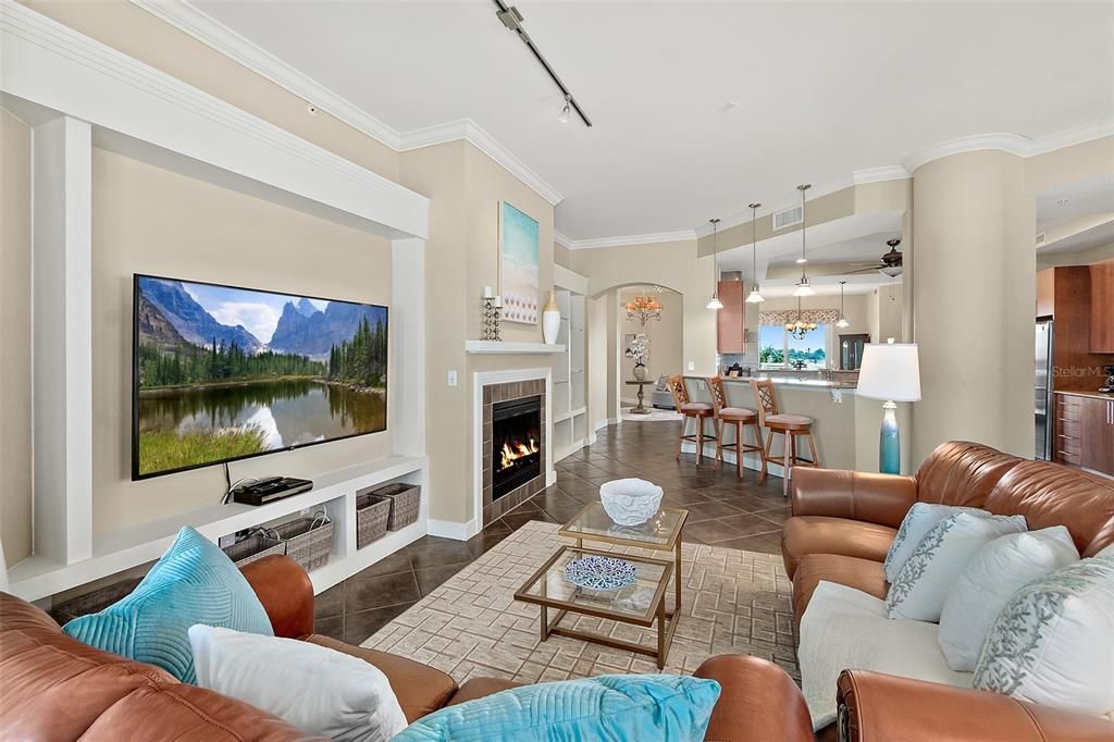 Dining room, Fireplace, Interior, Kitchen, Living room, Pendant Lights, Water