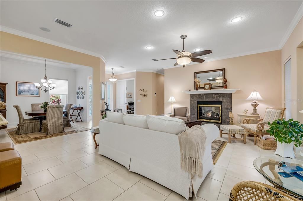 Chandelier, Dining room, Fireplace, Interior, Living room, Pendant Lights, Recessed Lighting