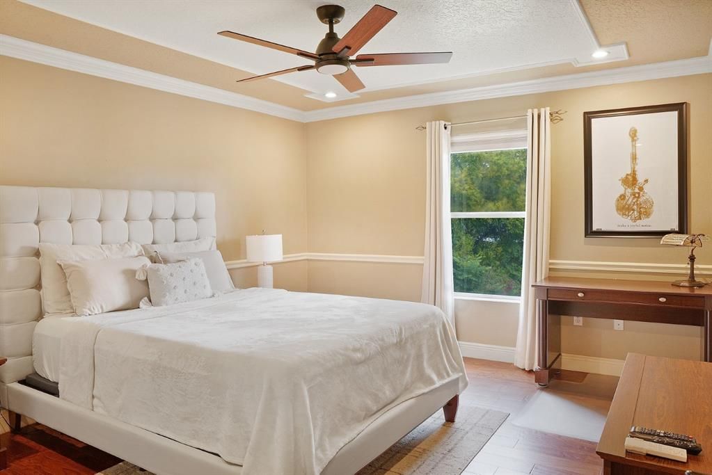 Bedroom, Interior, Recessed Lighting, Wood Texture Flooring