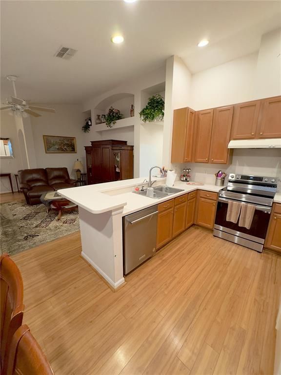 Interior, Kitchen, Living room, Recessed Lighting, Stainless Steel Appliances, Wood Texture Flooring