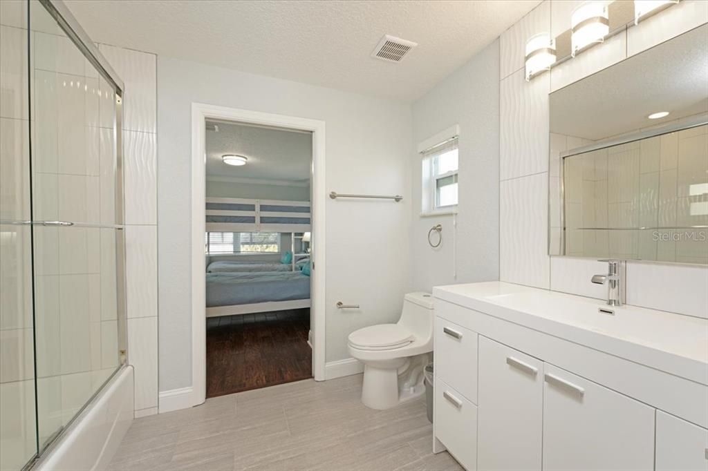 Bathroom, Glass Shower, Interior, Wood Texture Flooring