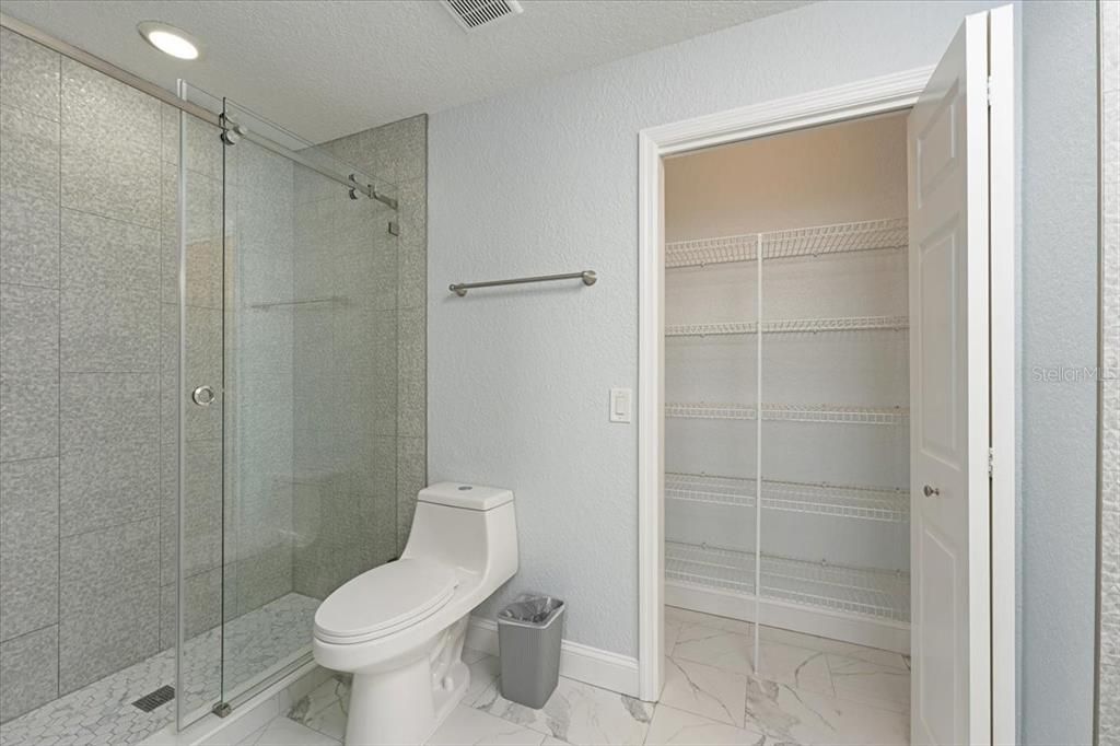 Bathroom, Glass Shower, Interior, Marble, Recessed Lighting