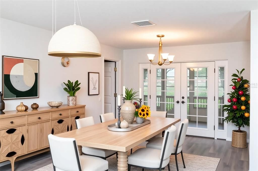 Chandelier, Dining room, Interior, Wood Texture Flooring