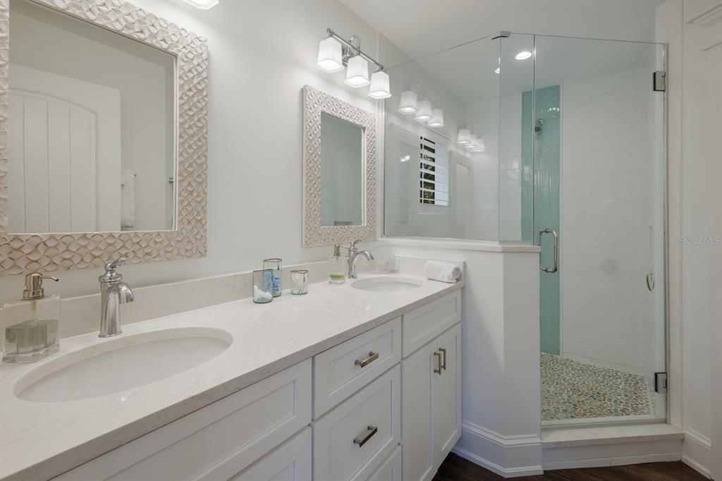 Bathroom, Dual Sink Vanities, Glass Shower, Interior, Wood Texture Flooring