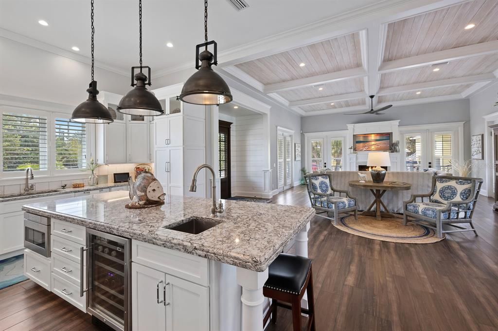 Interior, Kitchen, Living room, Pendant Lights, Recessed Lighting, Stainless Steel Appliances, Wooden Ceilings, Wood Texture Flooring