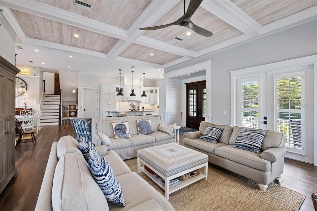 Interior, Kitchen, Living room, Pendant Lights, Recessed Lighting, Wooden Ceilings, Wood Texture Flooring