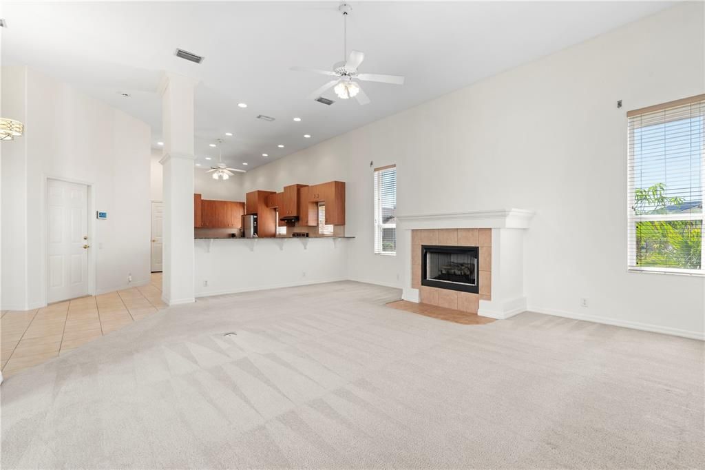 Empty room, Fireplace, Interior, Kitchen, Pendant Lights, Recessed Lighting