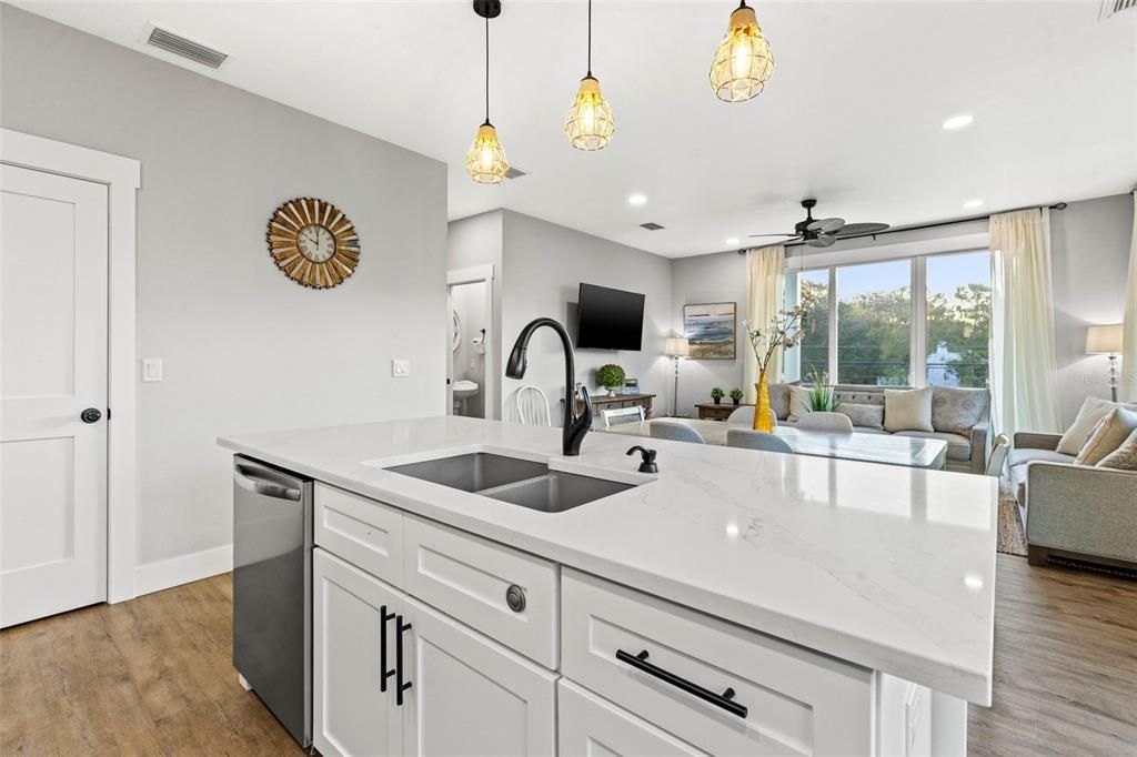 Interior, Kitchen, Living room, Pendant Lights, Recessed Lighting, Wood Texture Flooring
