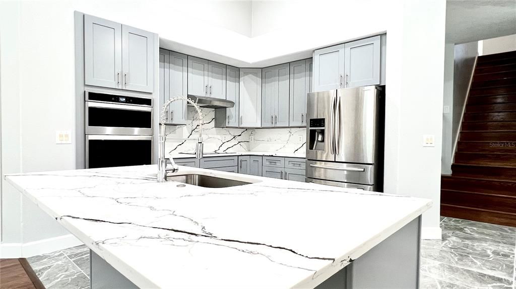 Interior, Kitchen, Marble, Stainless Steel Appliances, Wood Texture Flooring