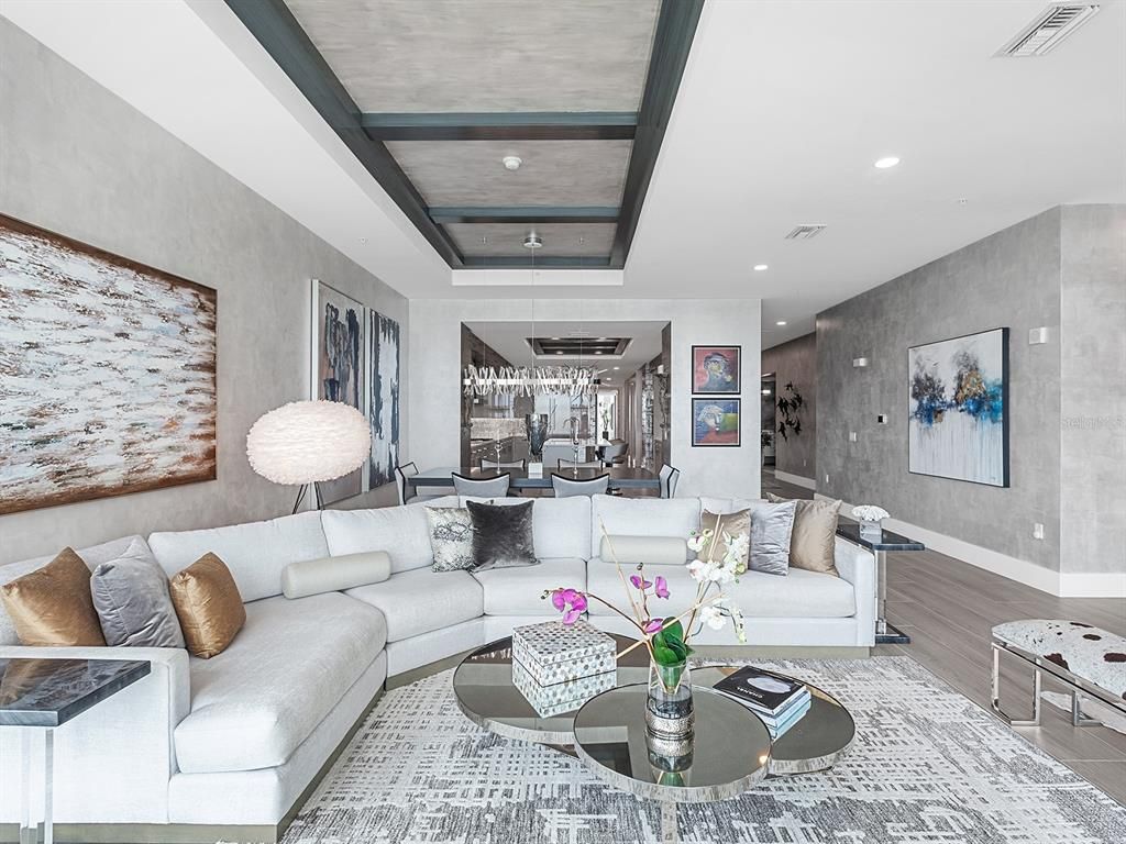 Dining room, Interior, Living room, Recessed Lighting, Wood Texture Flooring