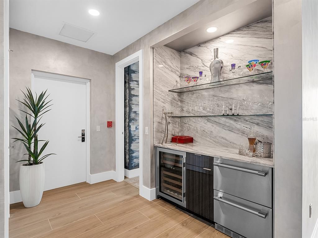 Interior, Marble Walls, Recessed Lighting, Wood Texture Flooring