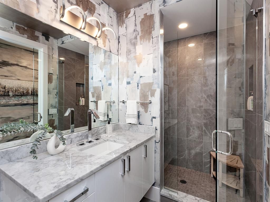 Bathroom, Dual Sink Vanities, Glass Shower, Interior, Recessed Lighting
