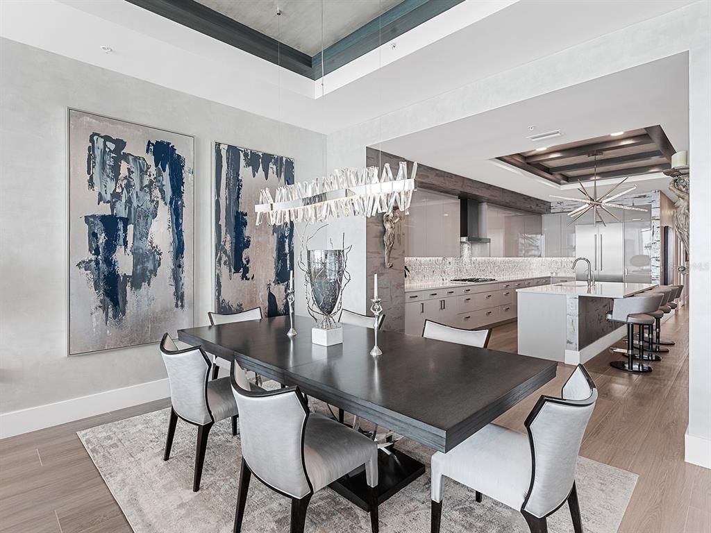 Chandelier, Dining room, Interior, Kitchen, Recessed Lighting, Wood Texture Flooring