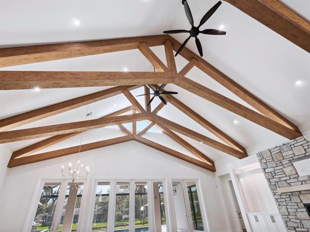 Empty room, Interior, Pendant Lights, Recessed Lighting, Wooden Beams
