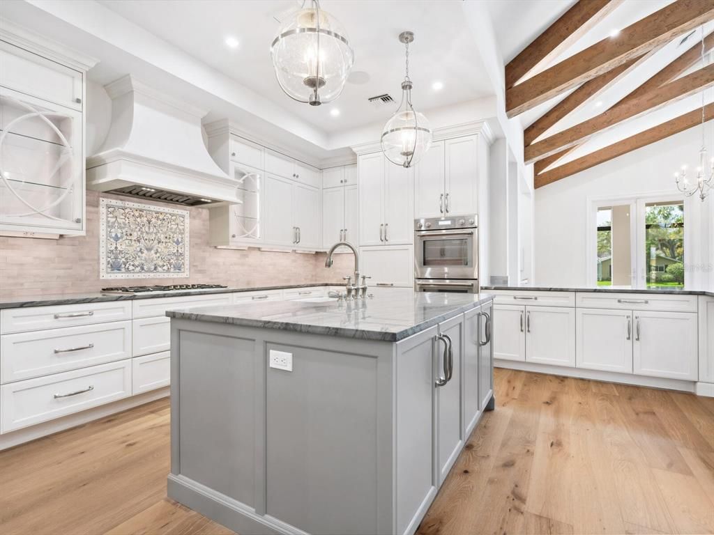 Interior, Kitchen, Pendant Lights, Recessed Lighting, Stainless Steel Appliances, Wooden Beams, Wood Texture Flooring
