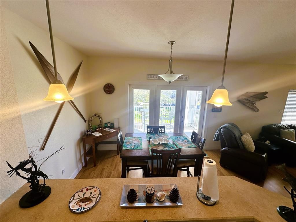 Dining room, Interior, Pendant Lights, Wood Texture Flooring