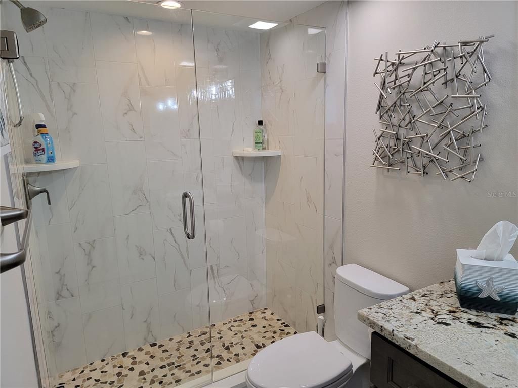 Bathroom, Glass Shower, Interior, Marble Walls, Recessed Lighting