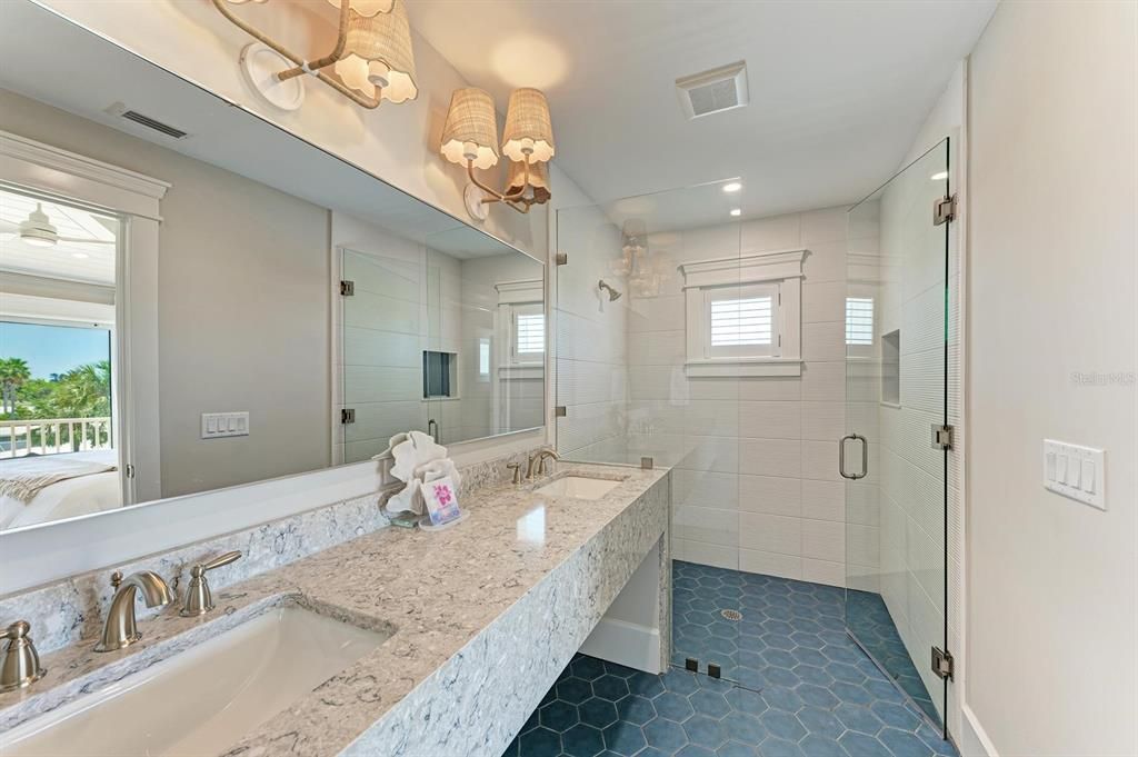 Bathroom, Dual Sink Vanities, Glass Shower, Interior, Recessed Lighting
