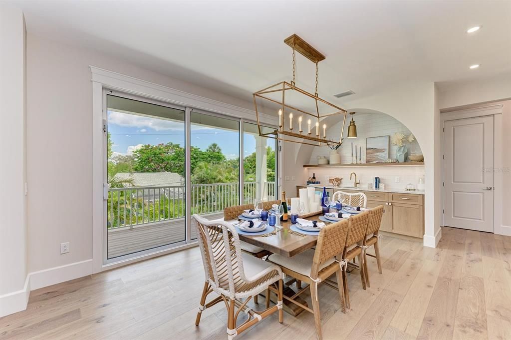 Dining room, Interior, Pendant Lights, Recessed Lighting, Wood Texture Flooring