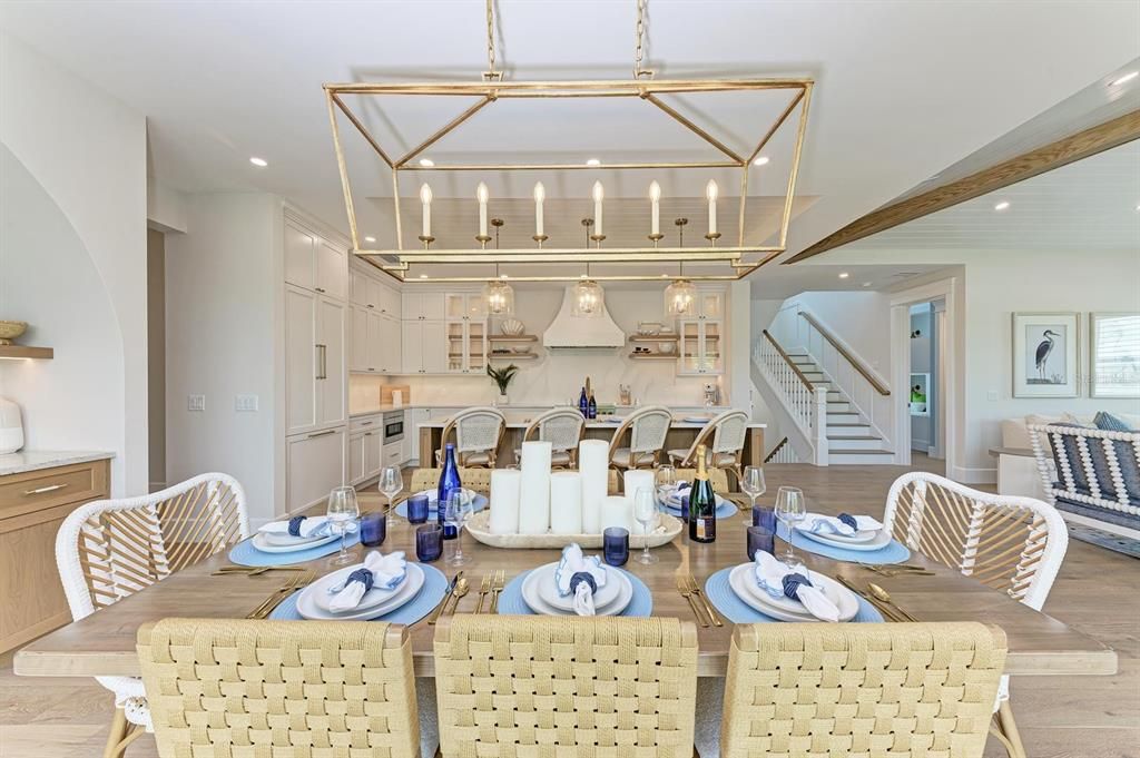 Dining room, Interior, Kitchen, Pendant Lights, Recessed Lighting, Wood Texture Flooring