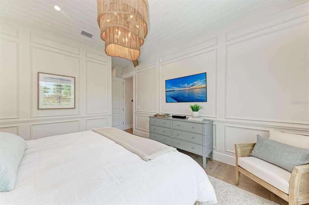 Bedroom, Chandelier, Interior, Recessed Lighting, Wood Texture Flooring
