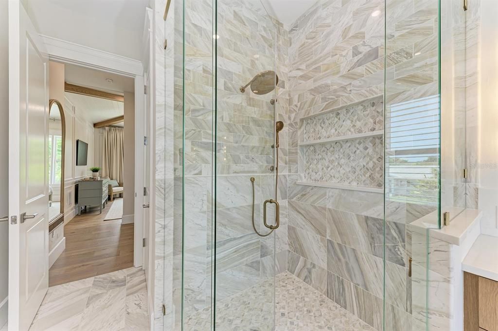 Bathroom, Glass Shower, Interior, Marble, Marble Walls, Wood Texture Flooring