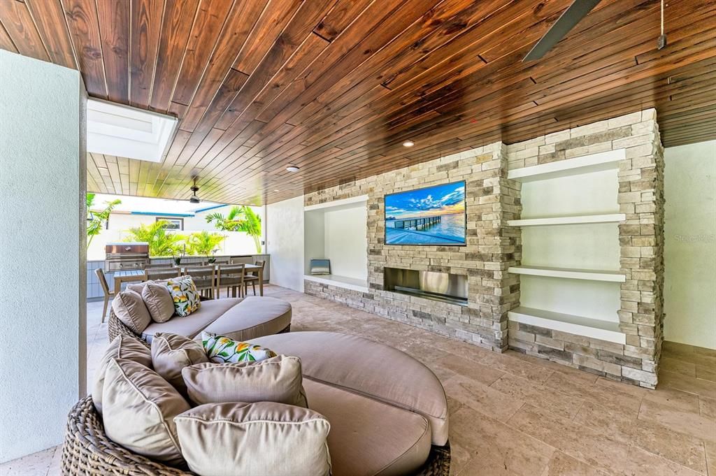 Fireplace, Interior, Living room, Recessed Lighting, Stone Walls, Wooden Ceilings