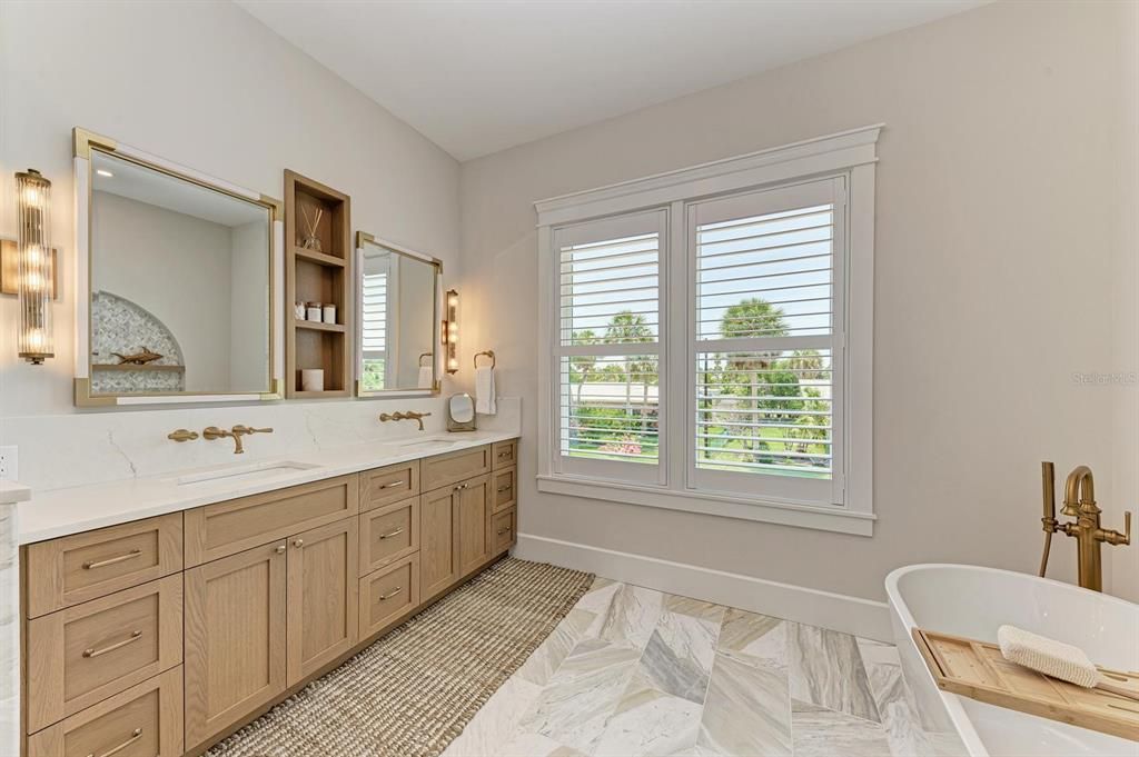 Bathroom, Dual Sink Vanities, Free Standing Baths, Interior, Marble
