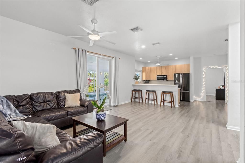 Interior, Kitchen, Living room, Recessed Lighting, Stainless Steel Appliances, Wood Texture Flooring