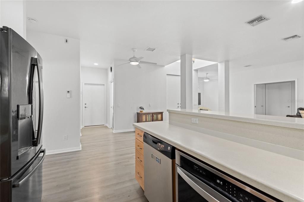 Interior, Kitchen, Recessed Lighting, Stainless Steel Appliances, Wood Texture Flooring