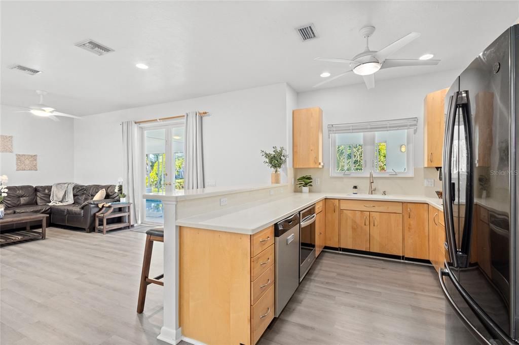 Interior, Kitchen, Living room, Recessed Lighting, Stainless Steel Appliances, Wood Texture Flooring