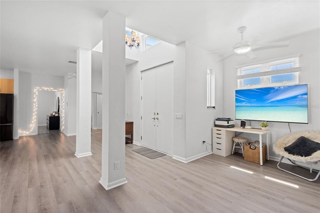 Chandelier, Home Office, Interior, Wood Texture Flooring