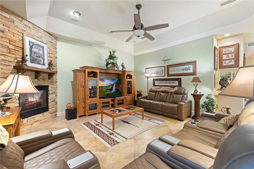Home Theatre Room, Fireplace, Interior, Living room, Recessed Lighting, Stone Walls