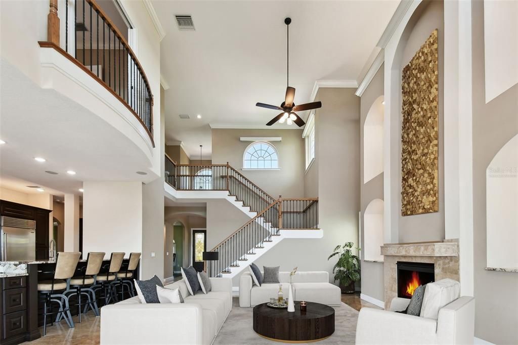 Dining room, Fireplace, Interior, Living room, Pendant Lights, Recessed Lighting