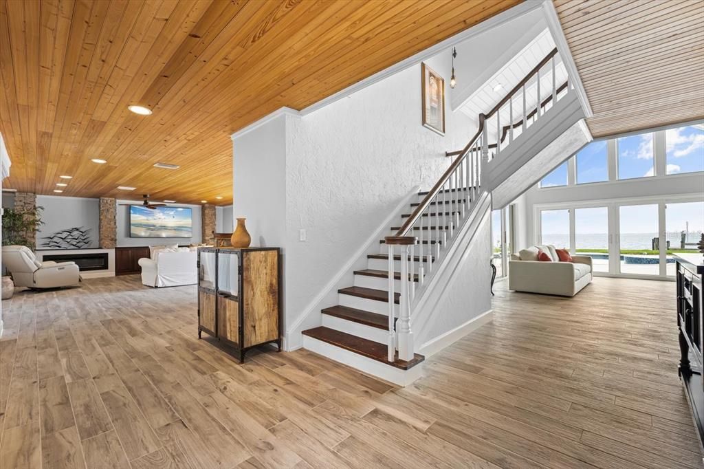 Interior, Living room, Pendant Lights, Recessed Lighting, Wooden Ceilings, Wood Texture Flooring