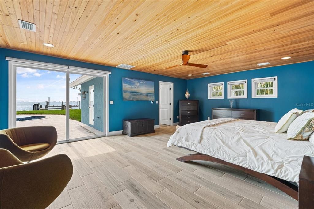 Bedroom, Interior, Recessed Lighting, Water, Wooden Ceilings, Wood Texture Flooring
