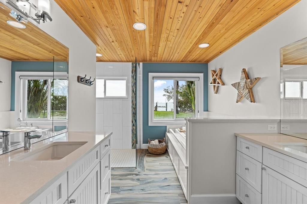 Bathroom, Dual Sink Vanities, Interior, Recessed Lighting, Wooden Ceilings, Wood Texture Flooring