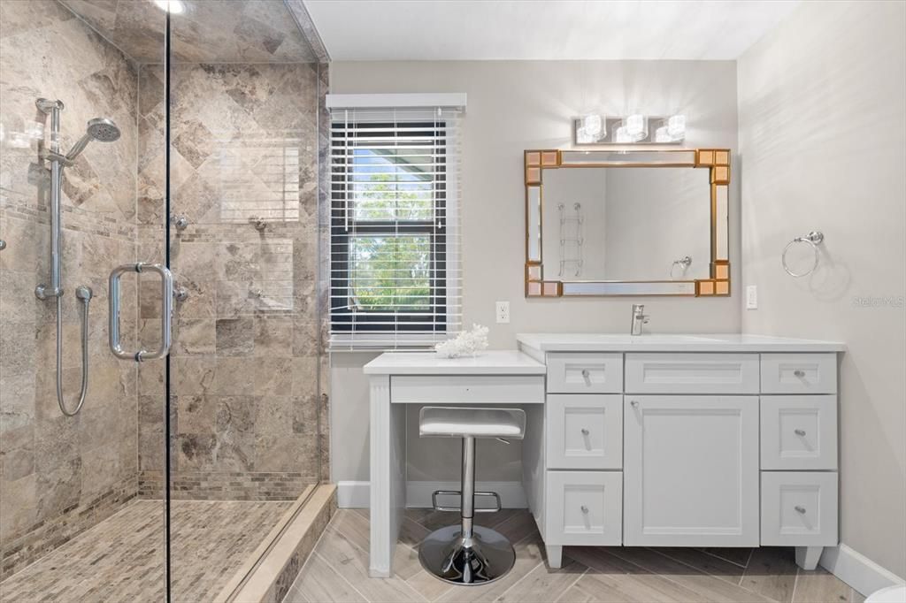 Bathroom, Glass Shower, Interior, Wood Texture Flooring
