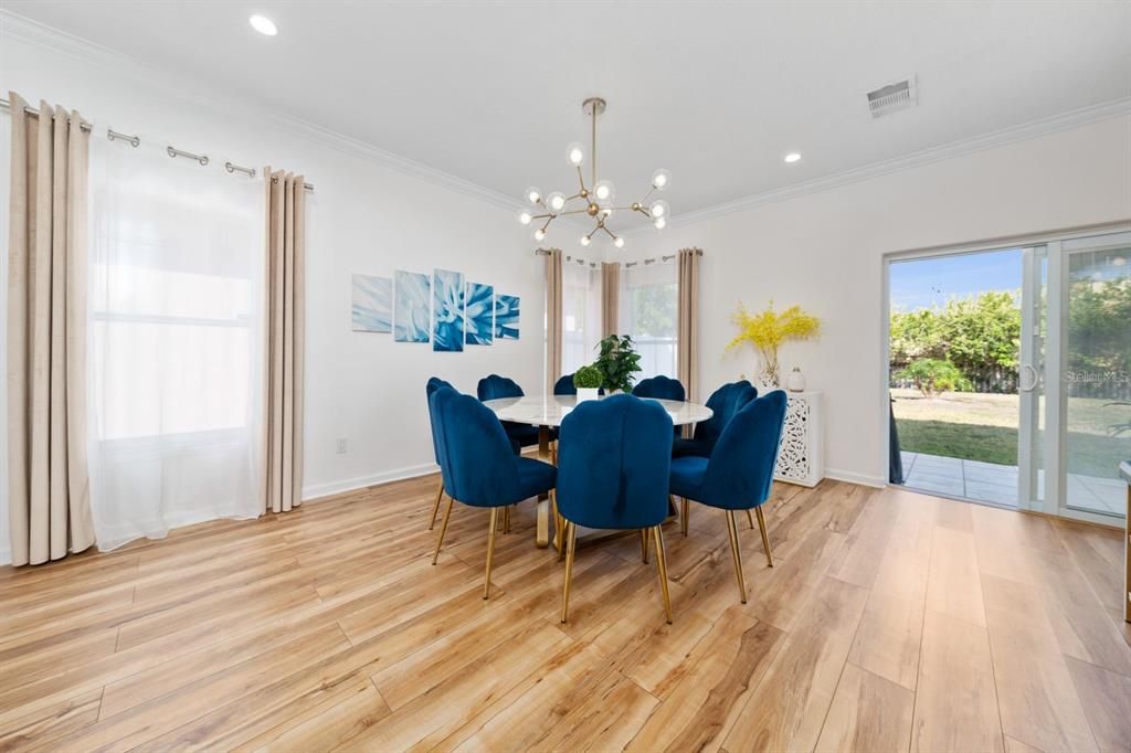 Dining room, Interior, Pendant Lights, Recessed Lighting, Wood Texture Flooring