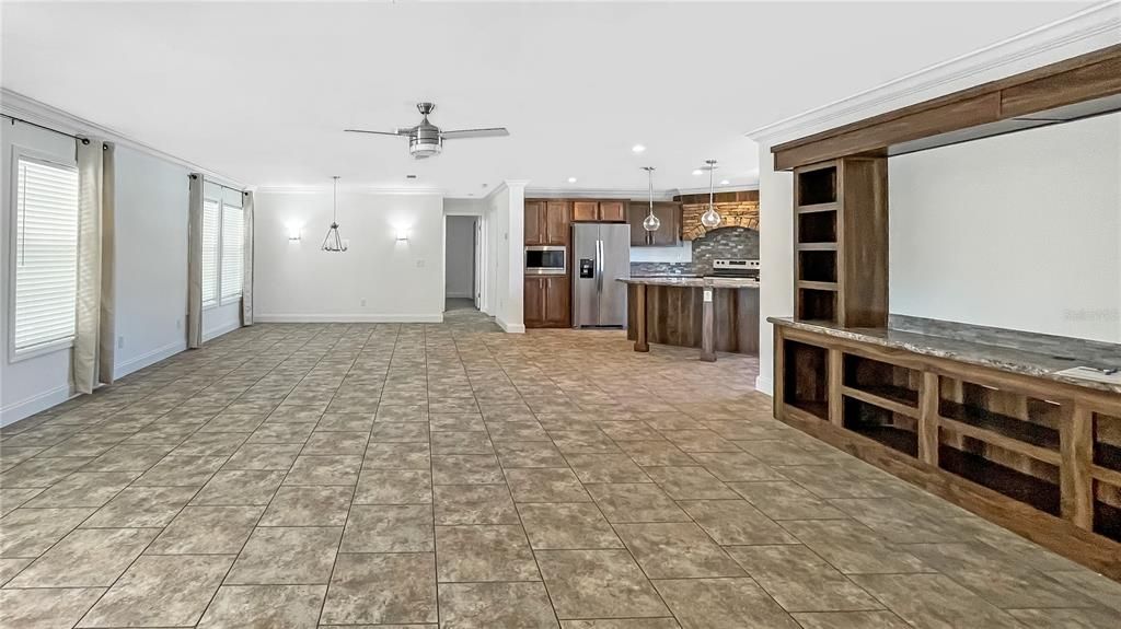 Empty room, Interior, Kitchen, Pendant Lights, Recessed Lighting, Stainless Steel Appliances