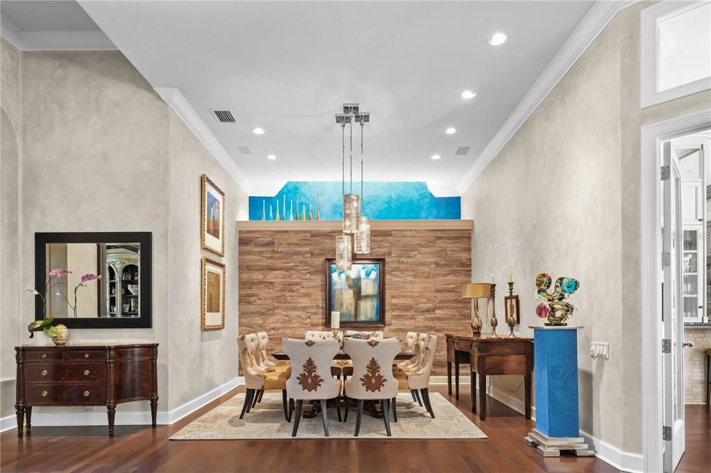 Dining room, Interior, Pendant Lights, Recessed Lighting, Wood Texture Flooring