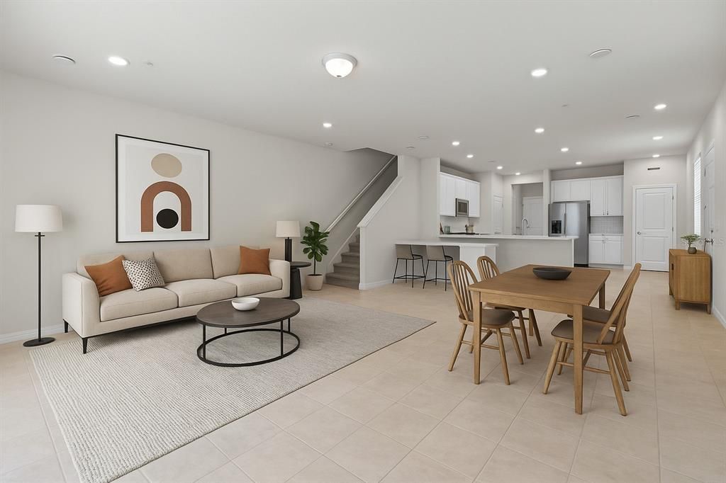 Dining room, Interior, Kitchen, Living room, Recessed Lighting, Stainless Steel Appliances