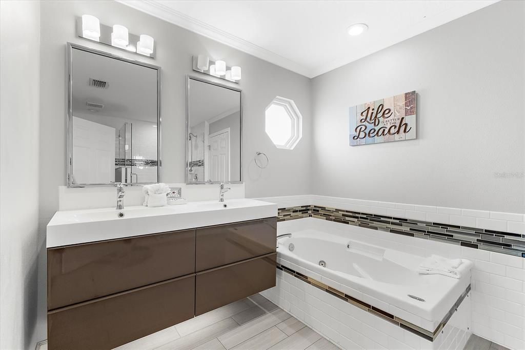 Bathroom, Dual Sink Vanities, Interior, Recessed Lighting, Wood Texture Flooring